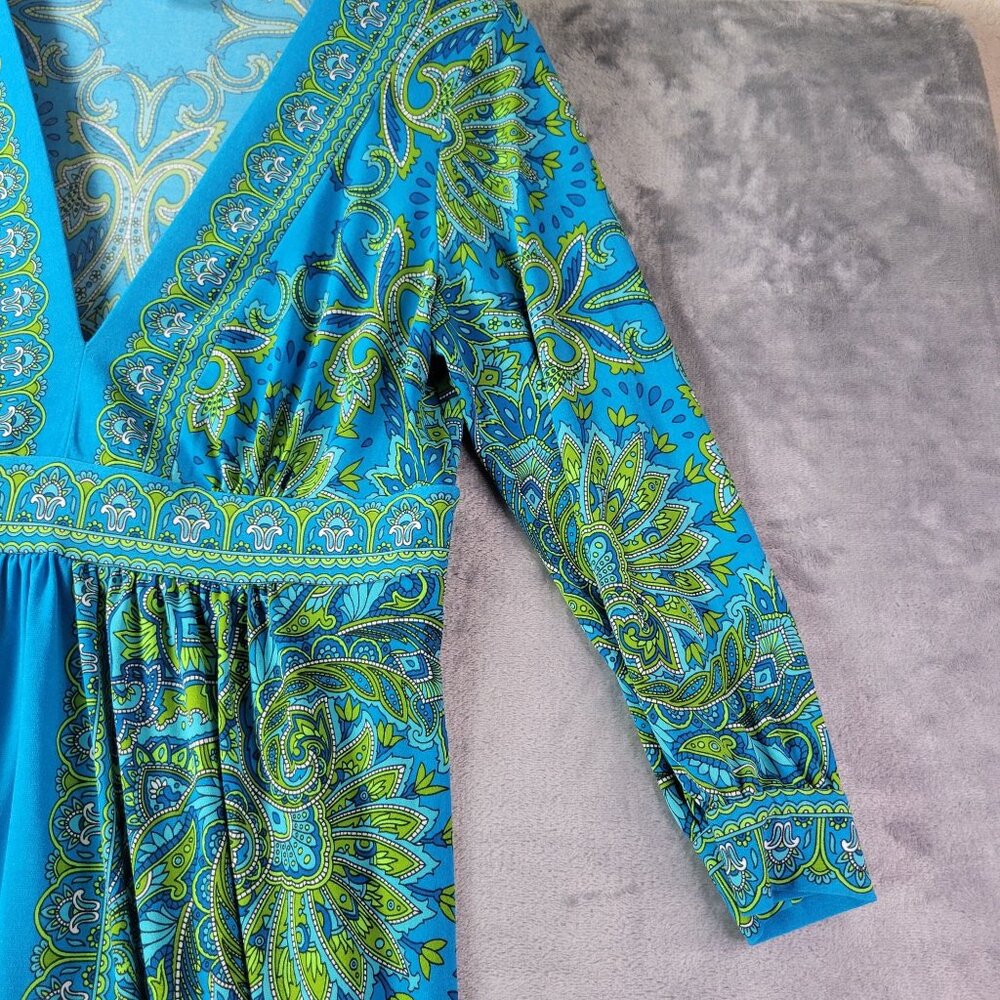 London Times Womens 10 Blue Green Paisley Babydoll Y2K Boho Retro Midi Dress - Picture 4 of 10